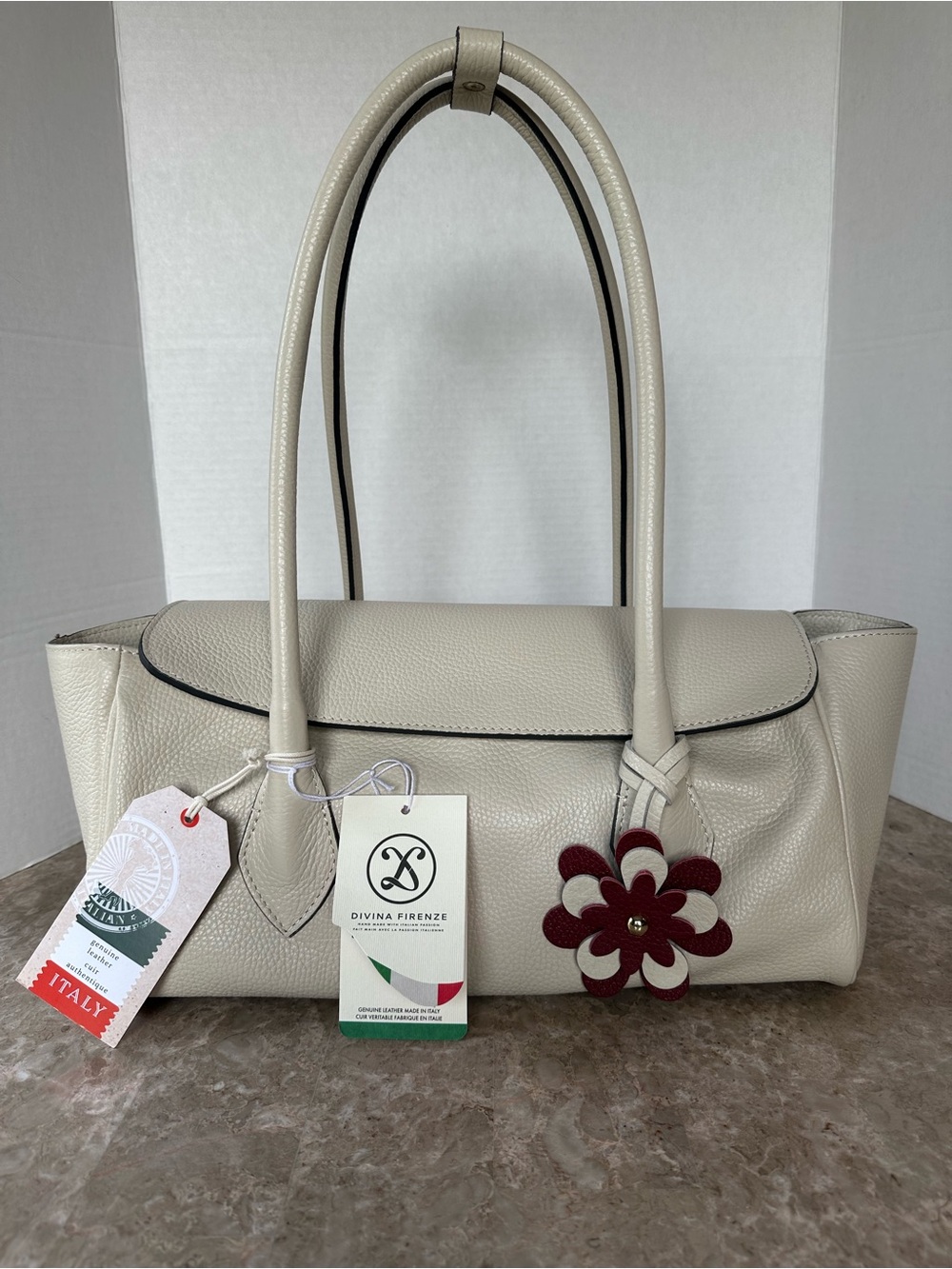 NWT East West Barrel Divina Firenze Made in Italy Cream Pebbled Leather Handbag